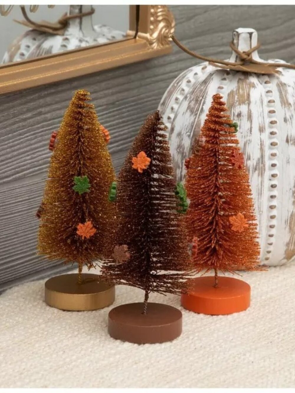 Robert Stanley Fall Classics Glitter Bottle Brush Trees With Leaves NIP